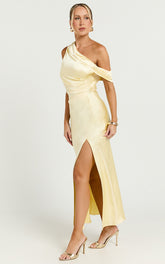 Rowena Midi Dress - One Shoulder Satin Dress in Lemon